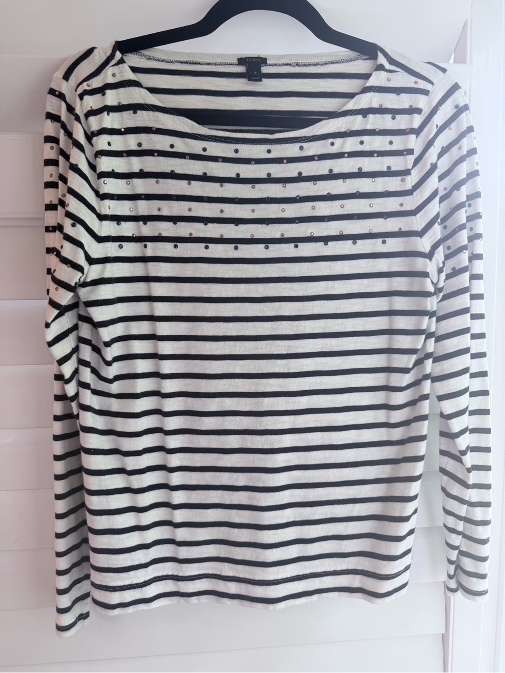 J. Crew cotton Black and White Striped Long-Sleeve Top with Stud Detail
